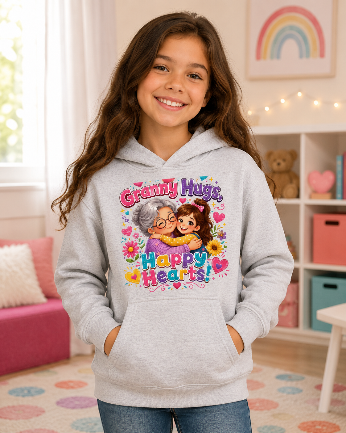 Kids Hoodie — "Granny Hugs, Happy Hearts" Cute Grandmother & Child Graphic Hoodie