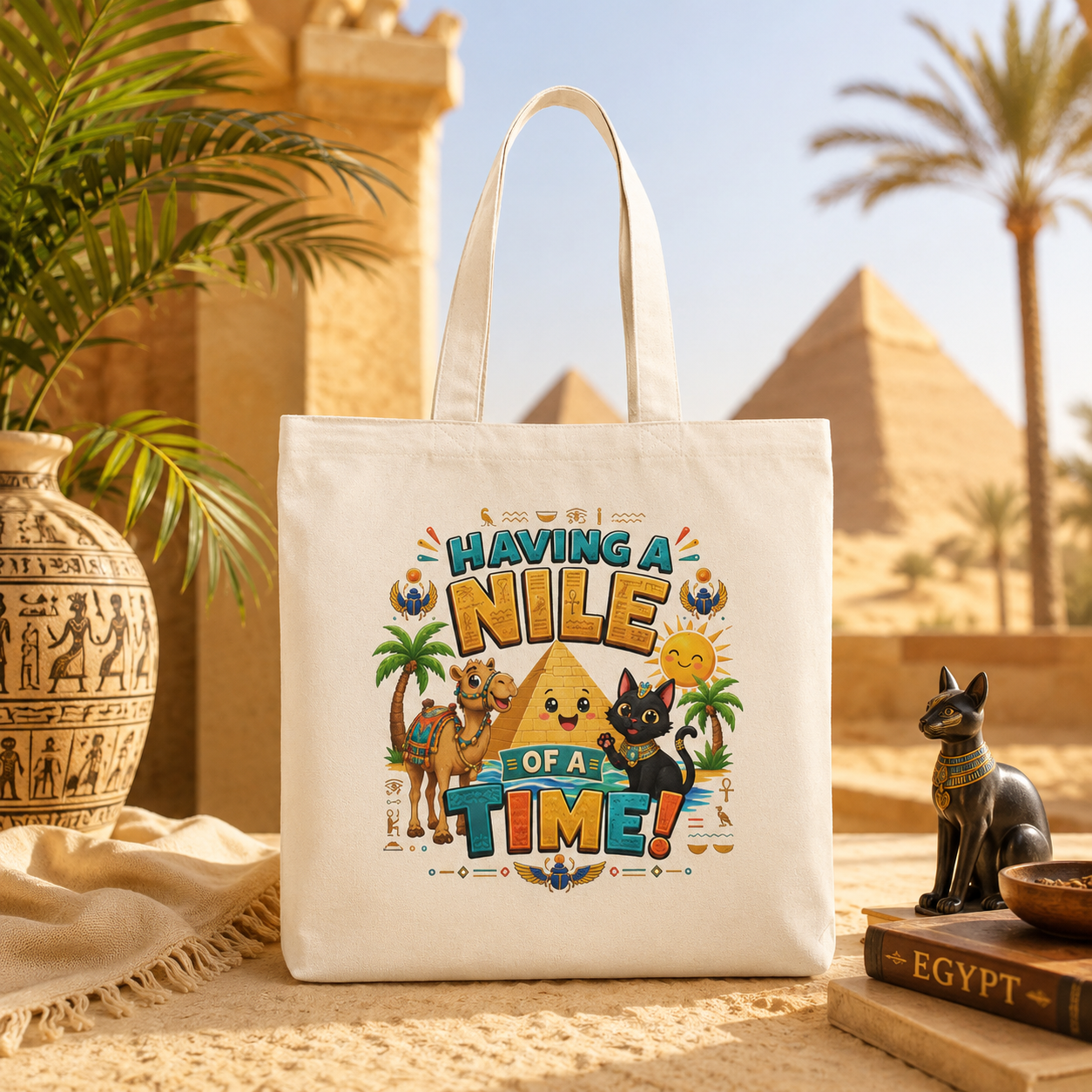 Having a Nile of a Time tote bag | Egyptian pyramid cat camel design