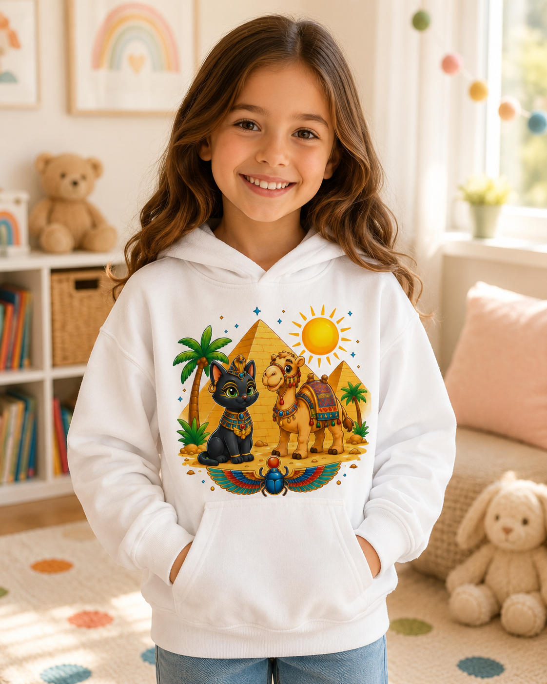 Egyptian Cats with Camel Kids Hoodie | Pyramid, Palm Trees, Sun