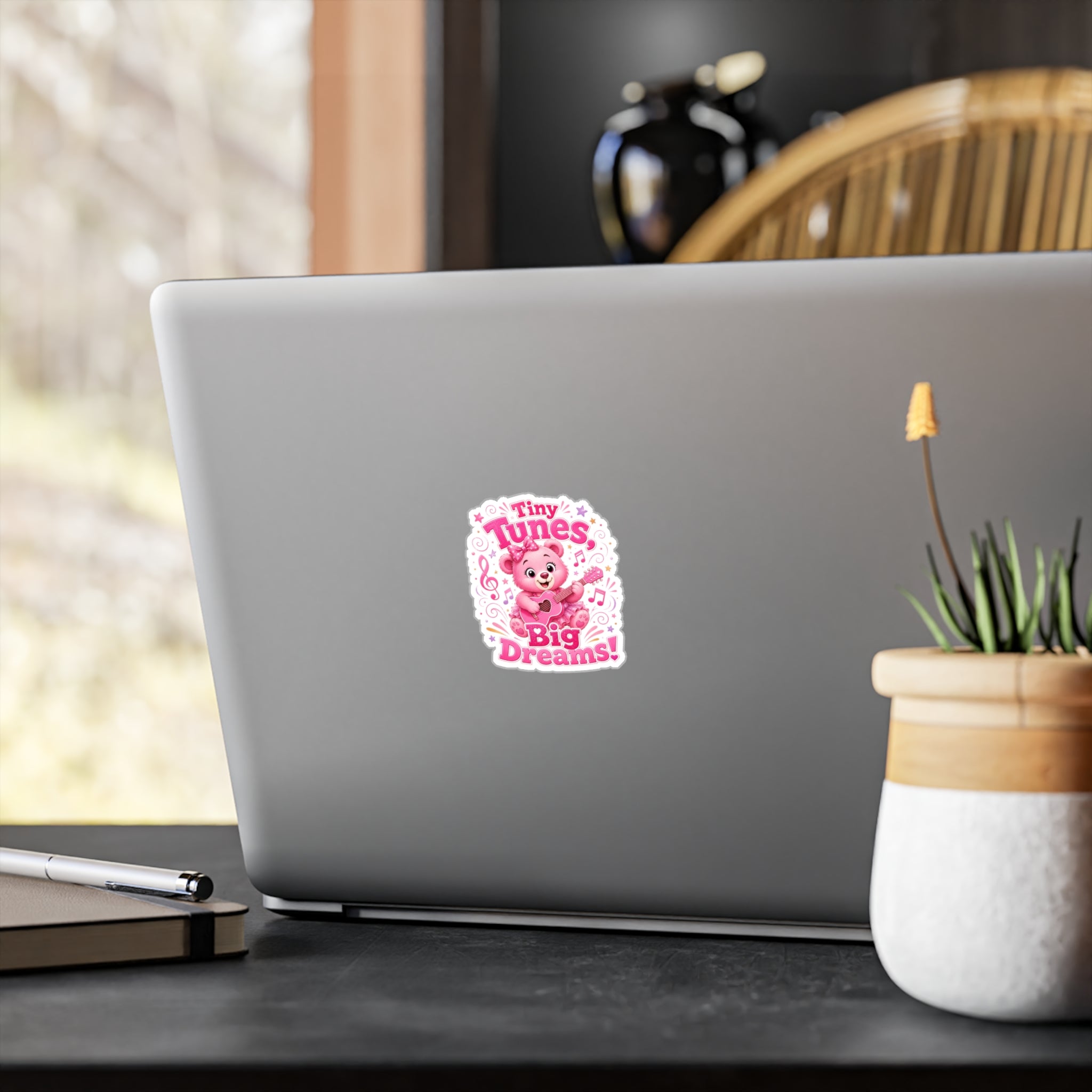 Kiss-Cut Vinyl Decal — Pink Bear "Tiny Tunes, Big Dreams" Sticker