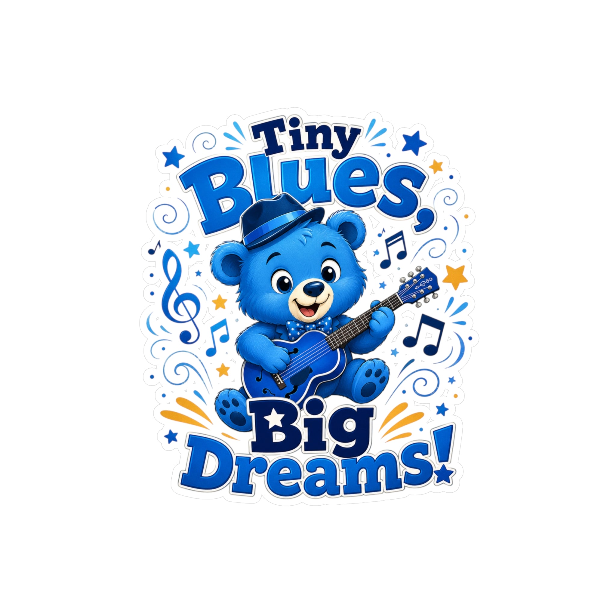 Tiny Blues Big Dreams Sticker — Cute Blue Bear Guitar Kiss-Cut Vinyl Decal