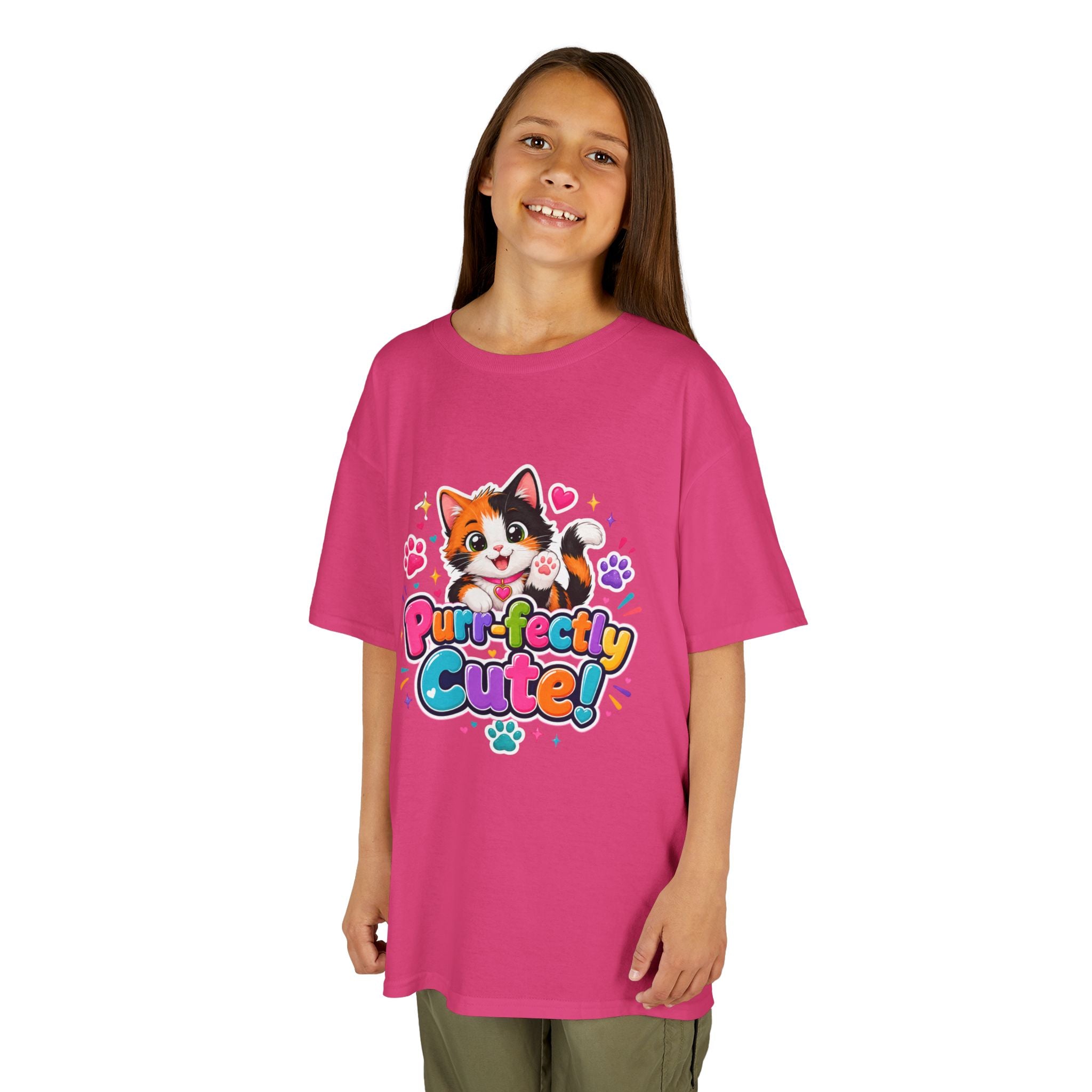 Kids Tee — “Purr-fectly Cute!” Colorful Calico Cat Graphic