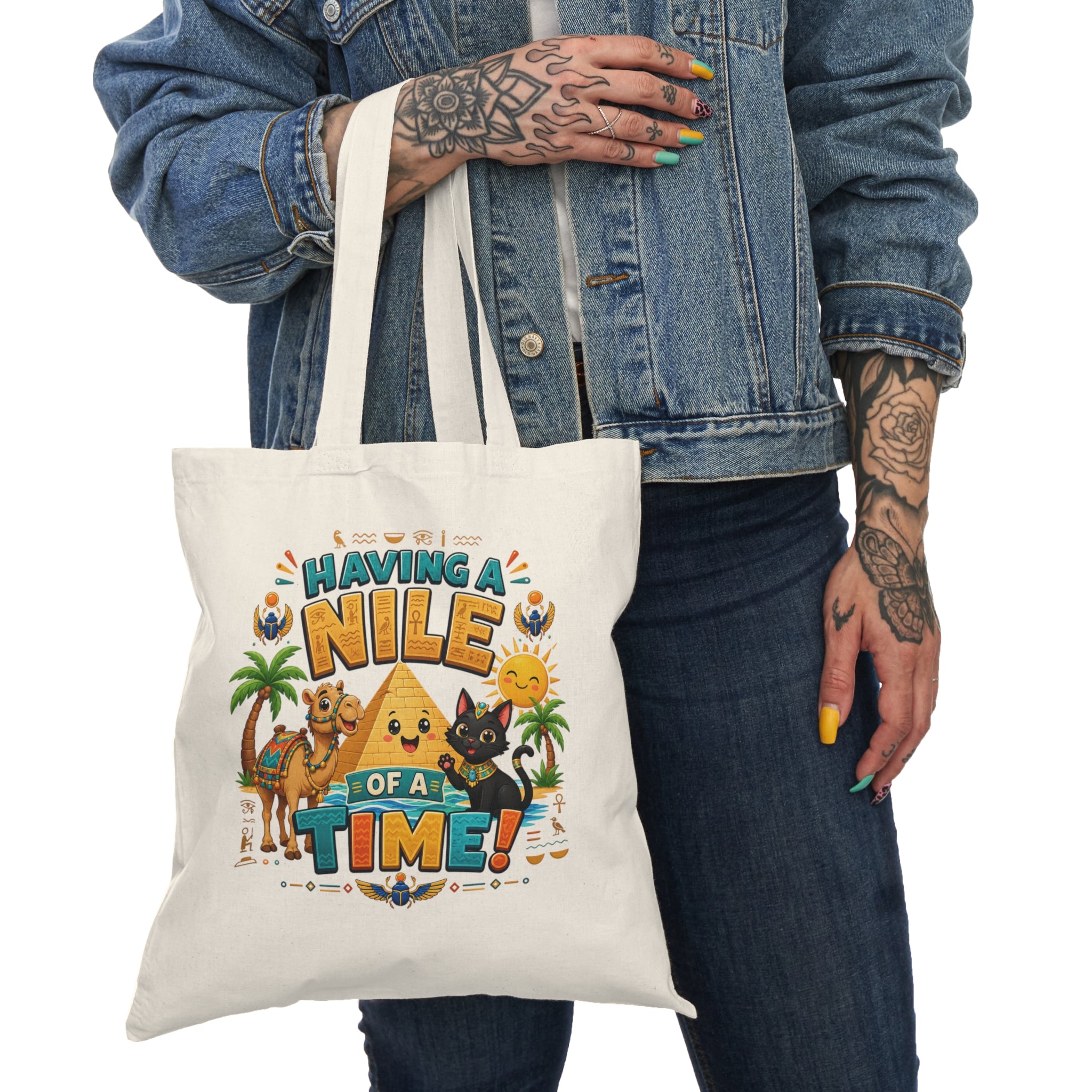Having a Nile of a Time tote bag | Egyptian pyramid cat camel design
