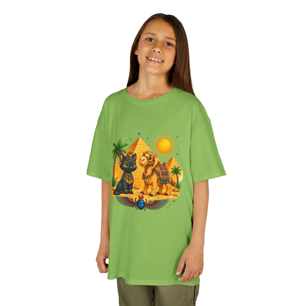Egyptian Cats and Camel Kids Tee | Pyramid Desert Sun Illustration