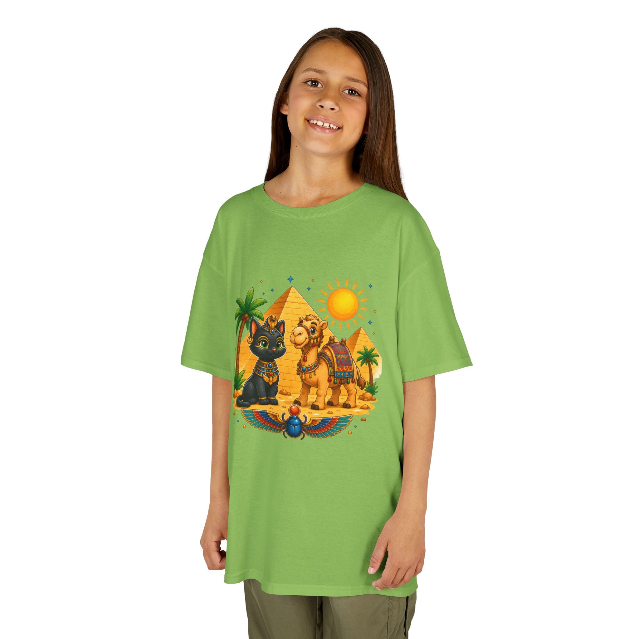 Egyptian Cats and Camel Kids Tee | Pyramid Desert Sun Illustration