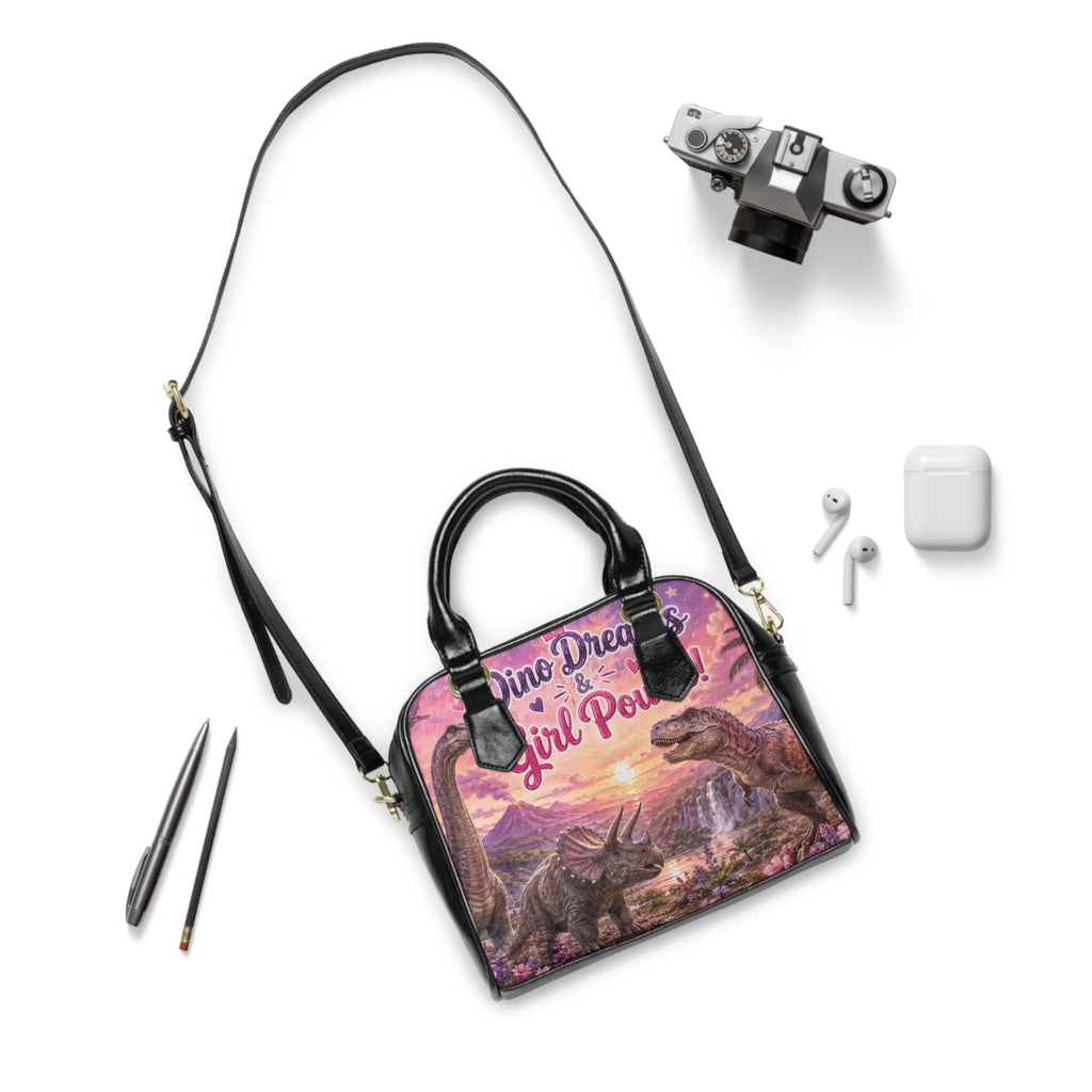 Dinosaur Dreams Shoulder Handbag — 'Dino Dreams & Girl Power' Pink Vintage Dino Purse