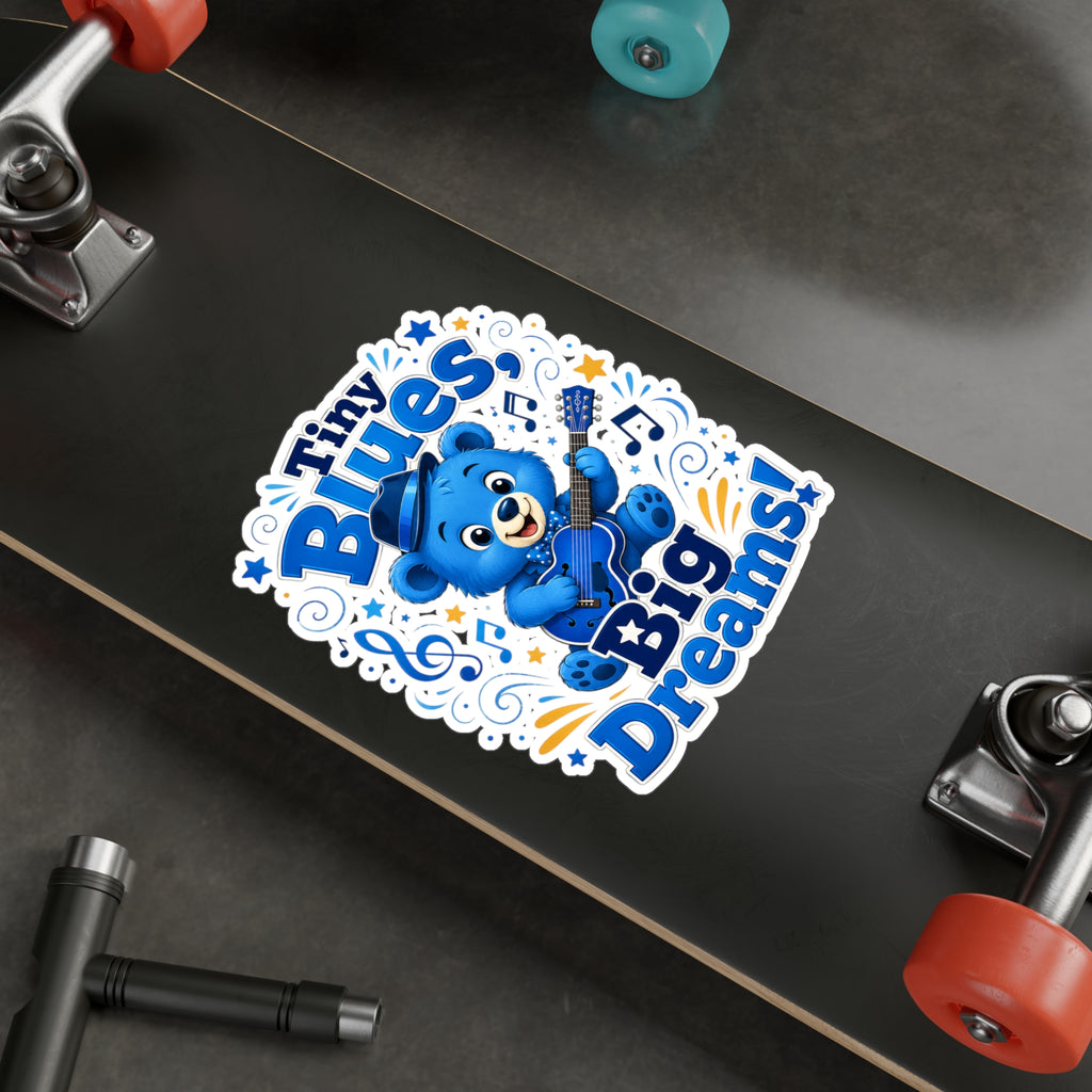 Tiny Blues Big Dreams Sticker — Cute Blue Bear Guitar Kiss-Cut Vinyl Decal