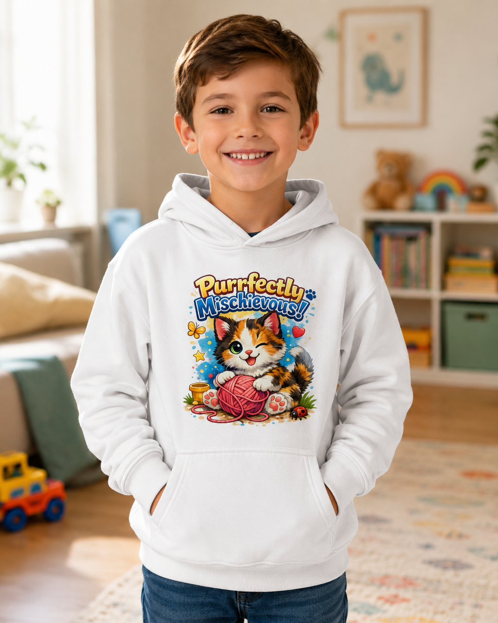 Kids Hoodie — "Purrfectly Mischievous" Cat Graphic Hoodie for Children