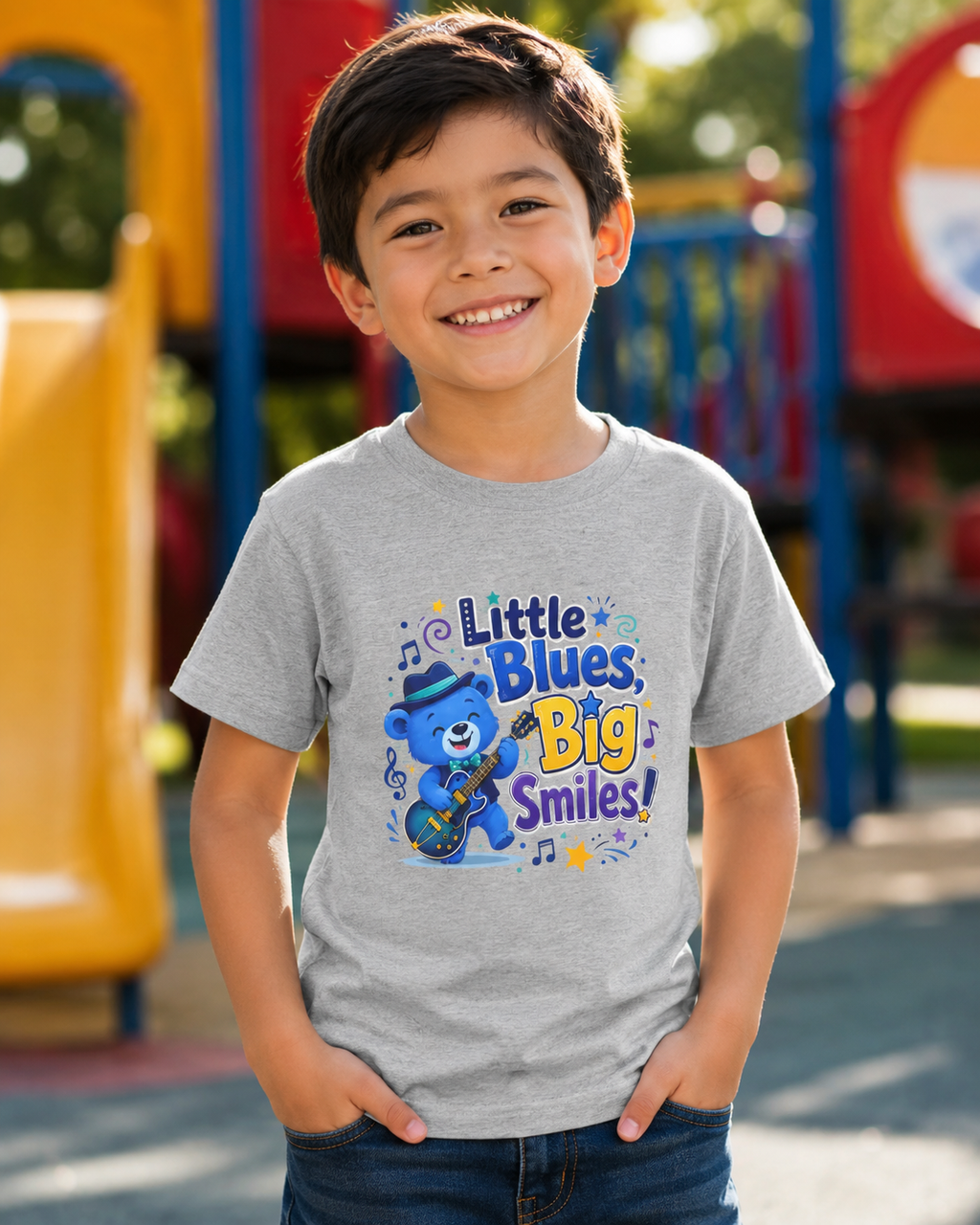 Kids Tee — "Little Blues, Big Smiles!" Guitar-Bear Graphic