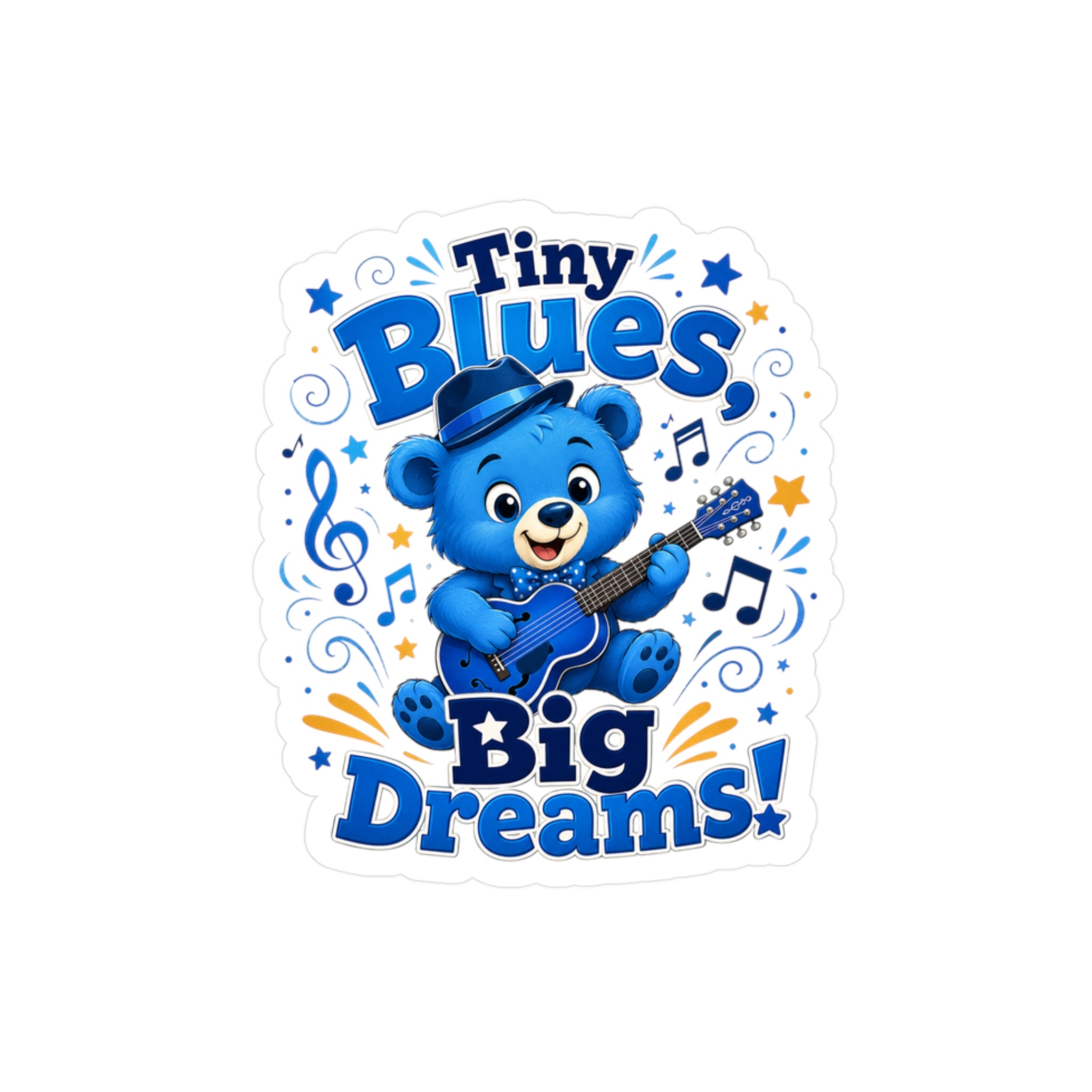 Tiny Blues Big Dreams Sticker — Cute Blue Bear Guitar Kiss-Cut Vinyl Decal