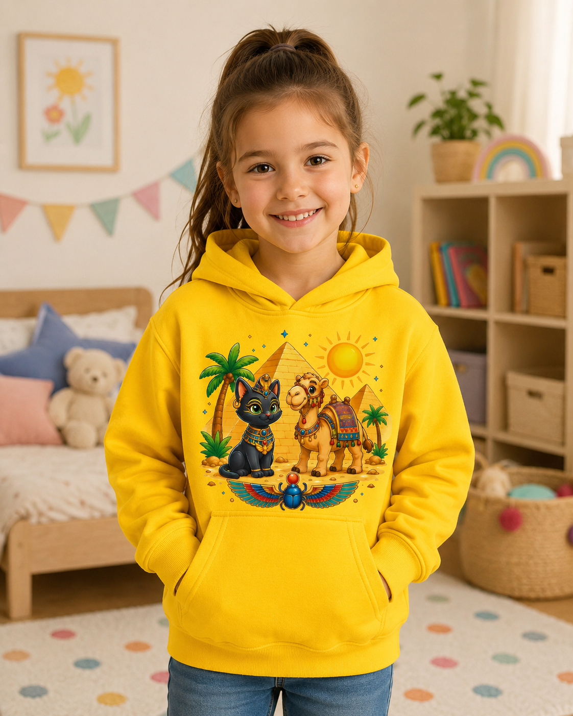 Egyptian Cats with Camel Kids Hoodie | Pyramid, Palm Trees, Sun