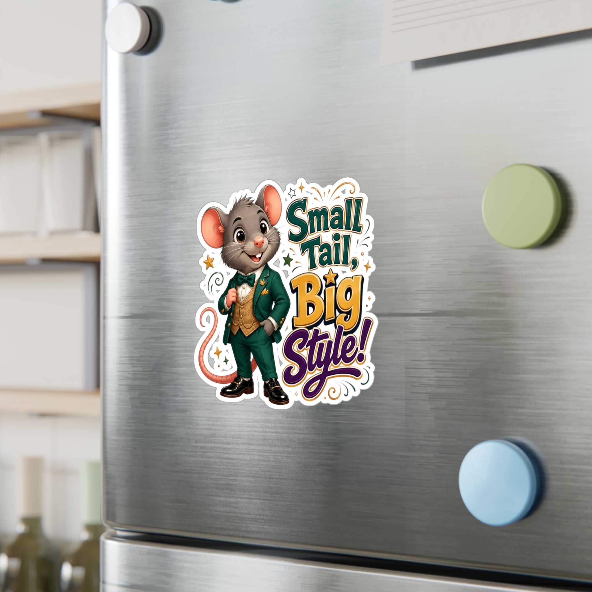 Sticker — "Small Tail, Big Style!" Cute Dressed Mouse Kiss-Cut Vinyl Decal