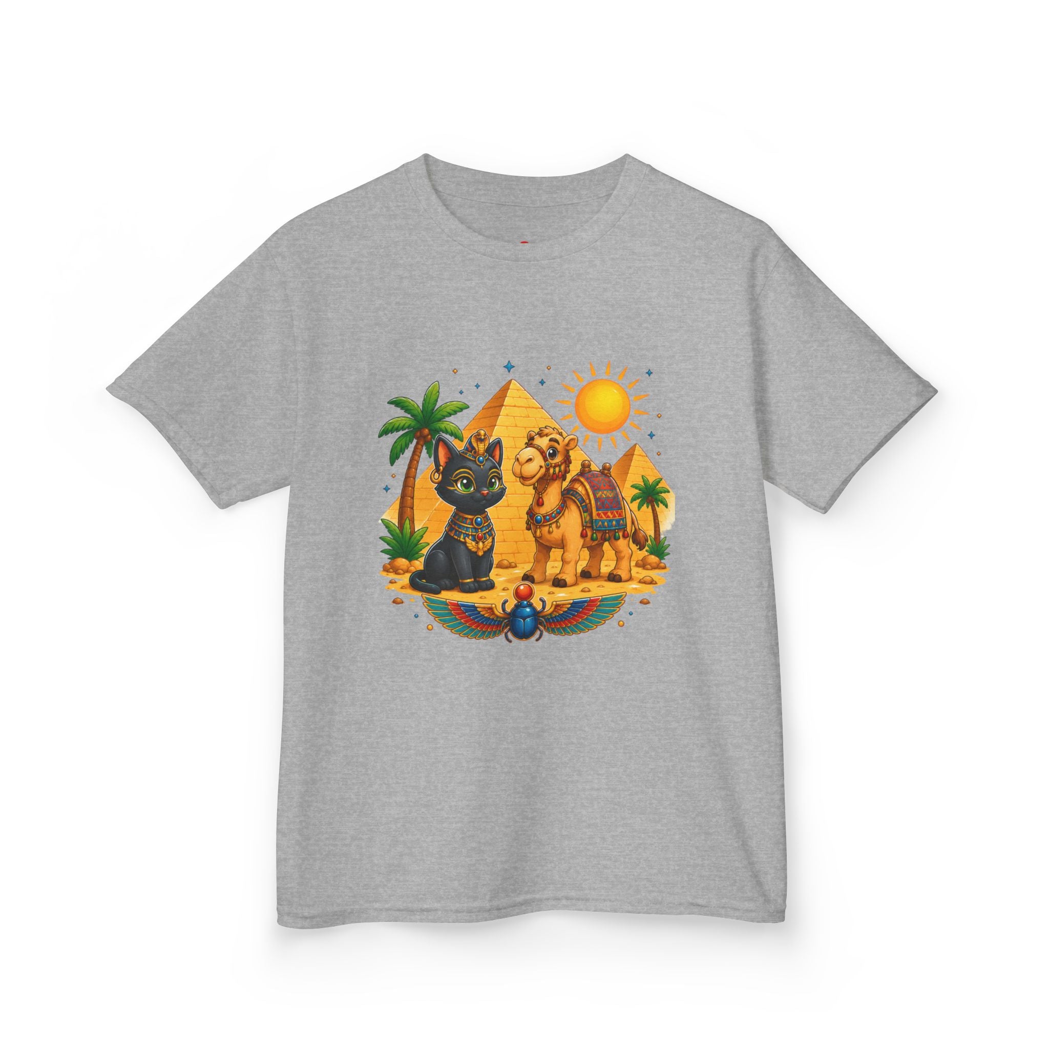 Egyptian Cats and Camel Kids Tee | Pyramid Desert Sun Illustration