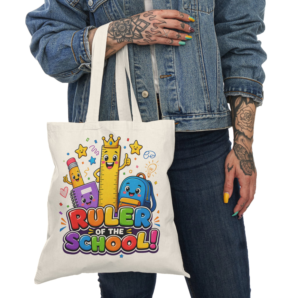 Ruler of the School cartoon school supplies Natural Tote Bag | cute pencil ruler backpack design