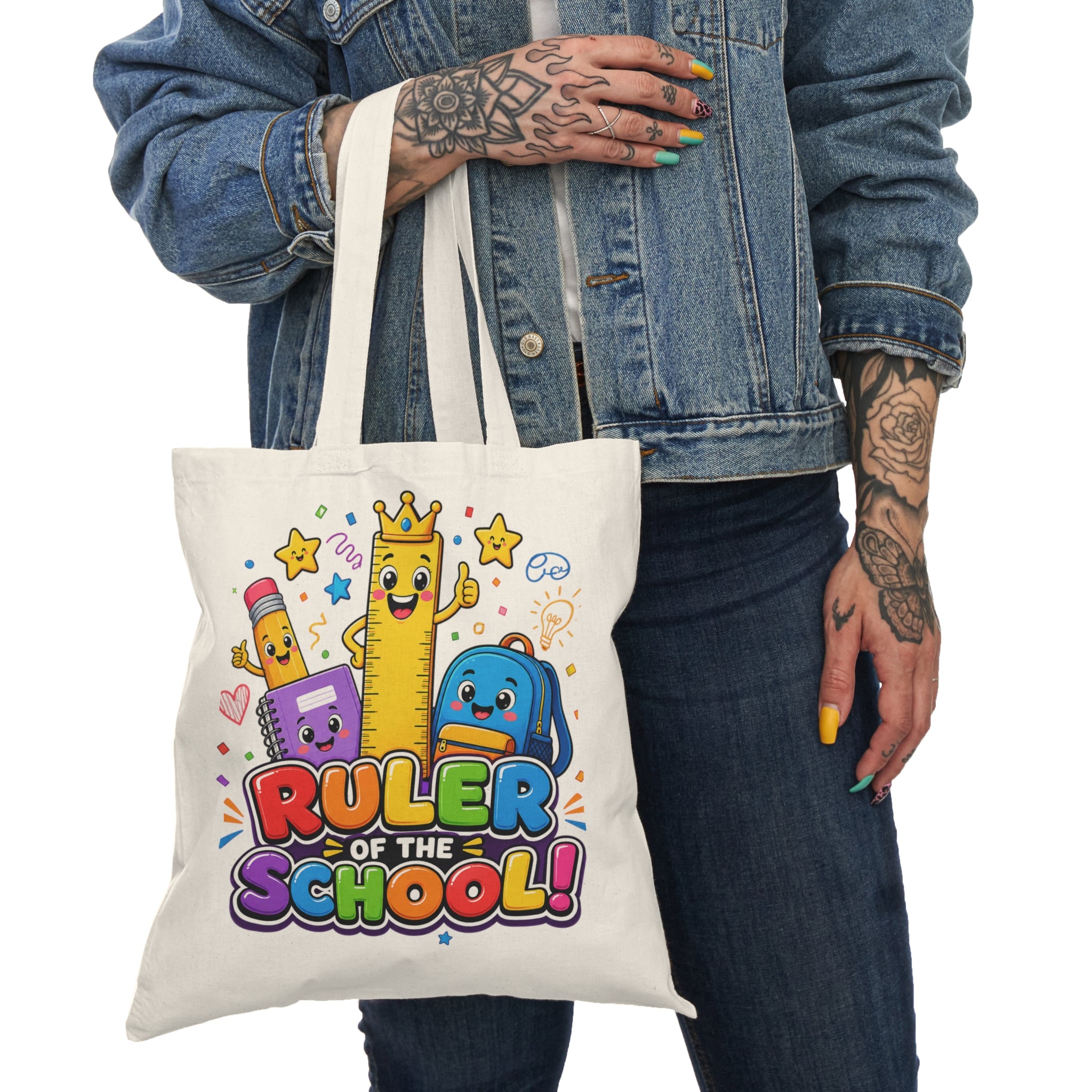 Ruler of the School cartoon school supplies Natural Tote Bag | cute pencil ruler backpack design