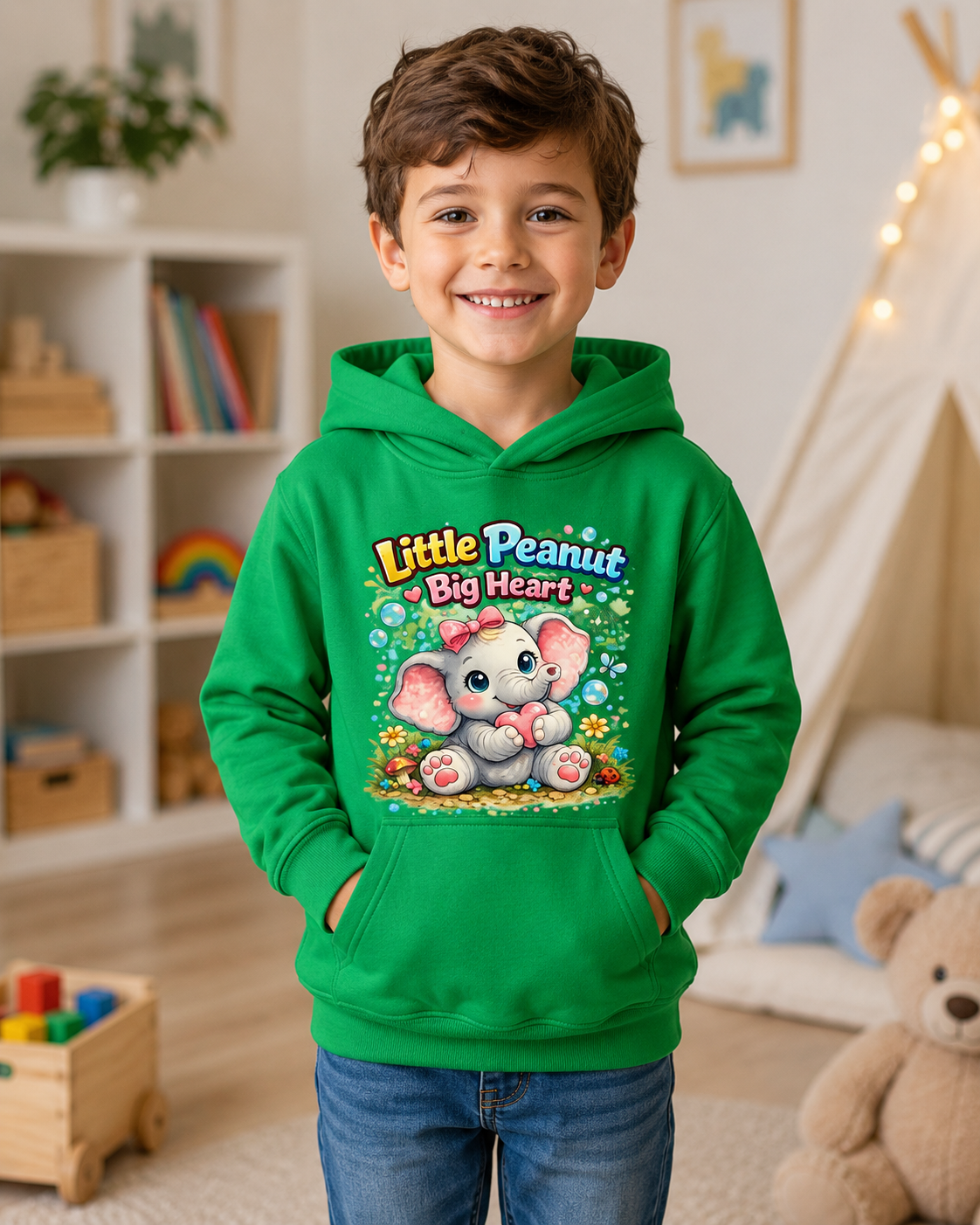 Kids Hoodie - "Little Peanut Big Heart" Cute Baby Elephant Graphic Pullover
