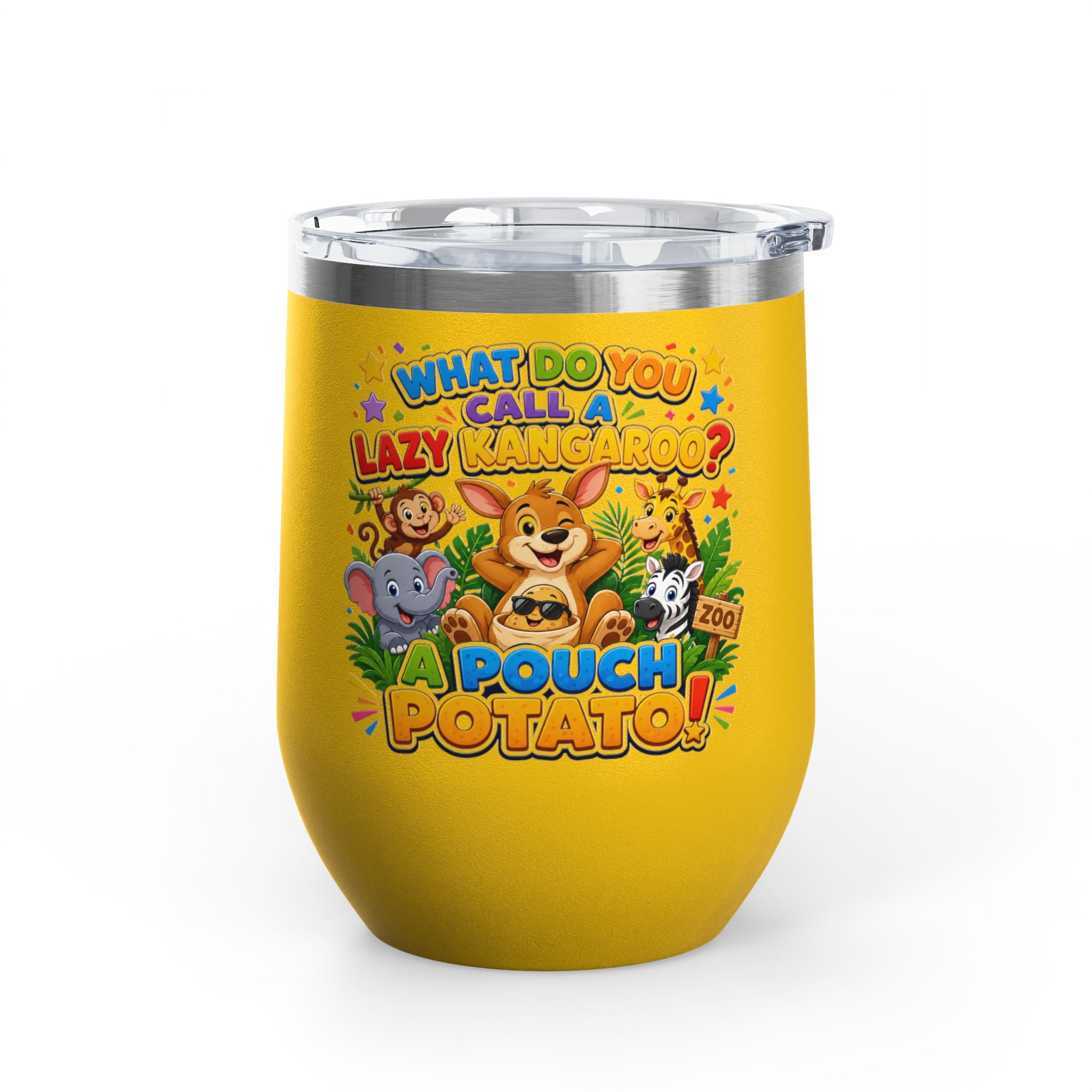 "What Do You Call a Lazy Kangaroo? A Pouch Potato!" Cute Animal Joke 12oz Insulated Tumbler