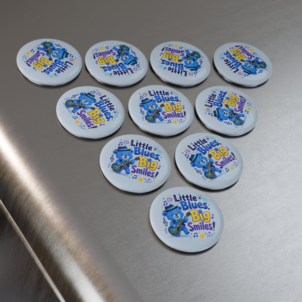 Little Blues, Big Smiles Round Magnet — Cute Blue Bear Guitar Kids Fridge Magnet