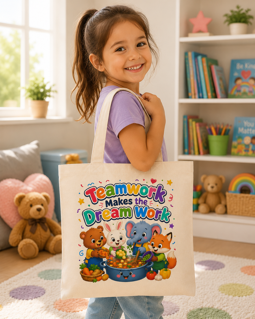 Teamwork Makes the Dream Work Tote Bag — Cute Kids Classroom Canvas Grocery Tote
