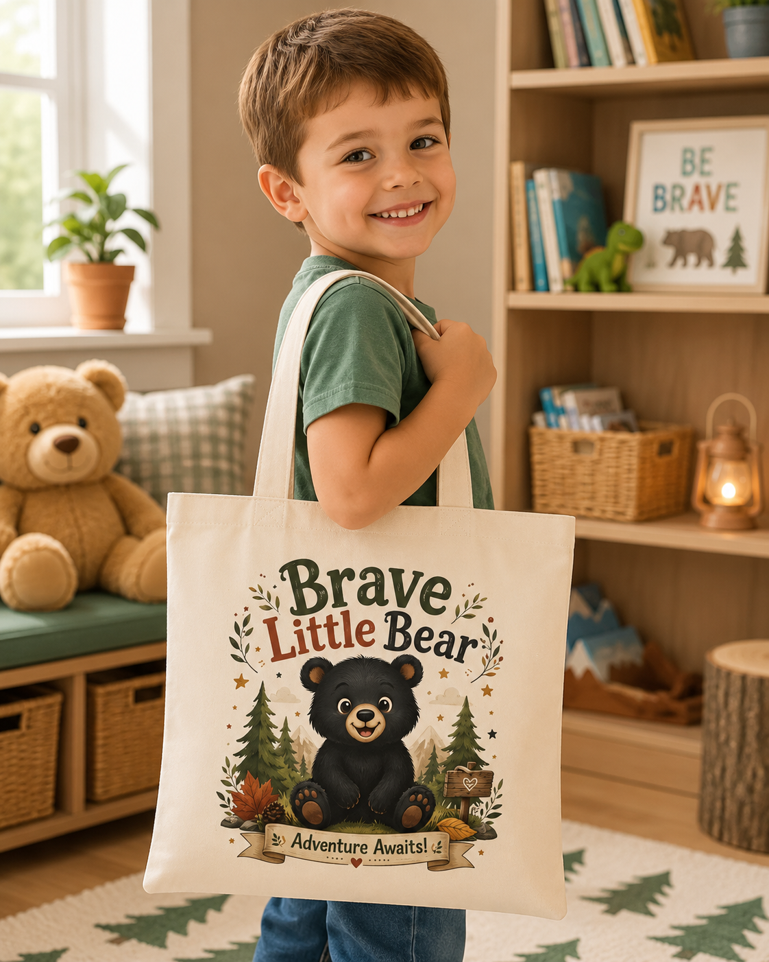 Brave Little Bear Tote Bag — Cute Kids Adventure Canvas Grocery Bag