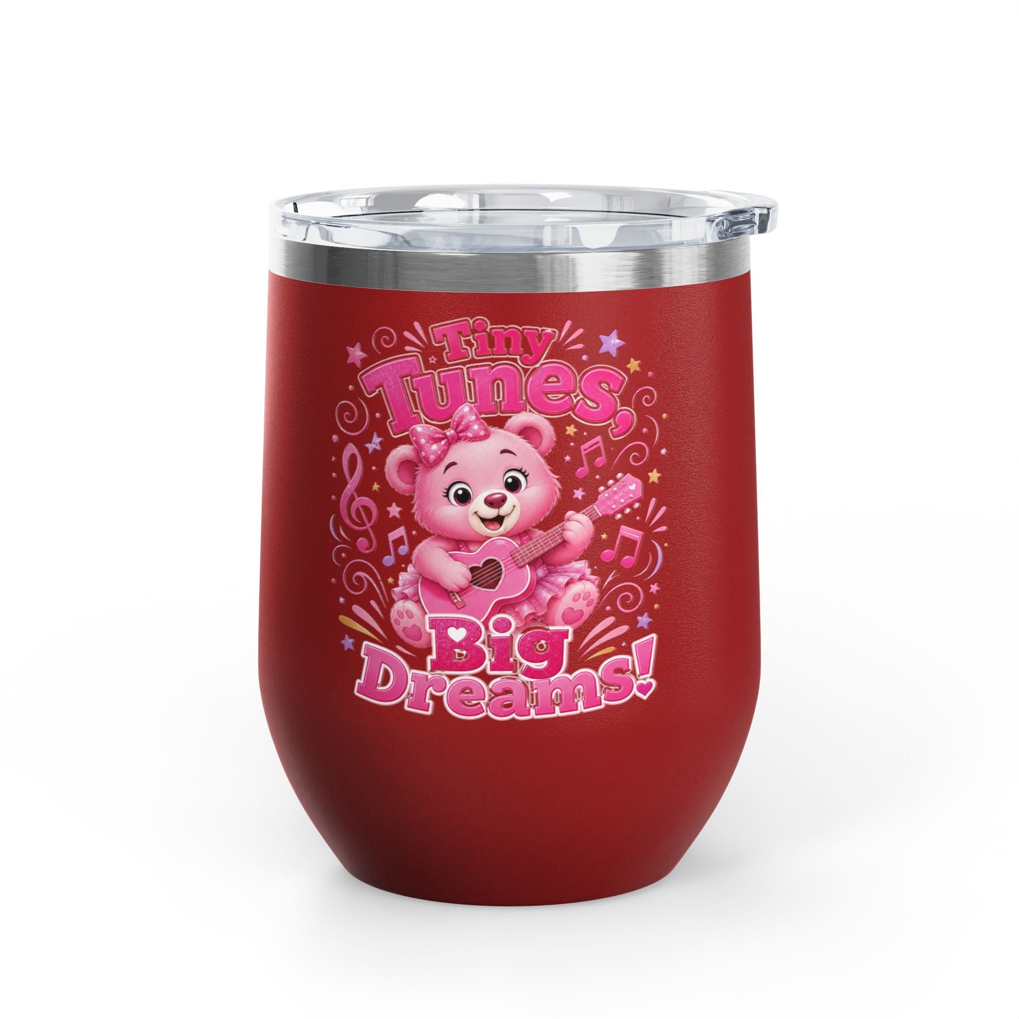 12oz Tumbler — "Tiny Tunes, Big Dreams" Cute Pink Bear Design