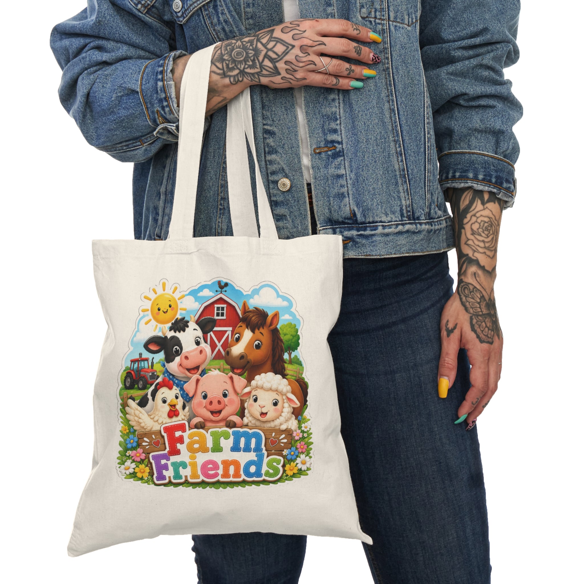 Farm Friends Natural Tote Bag – Cute Cartoon Barnyard Animals Grocery & Kids Market Tote