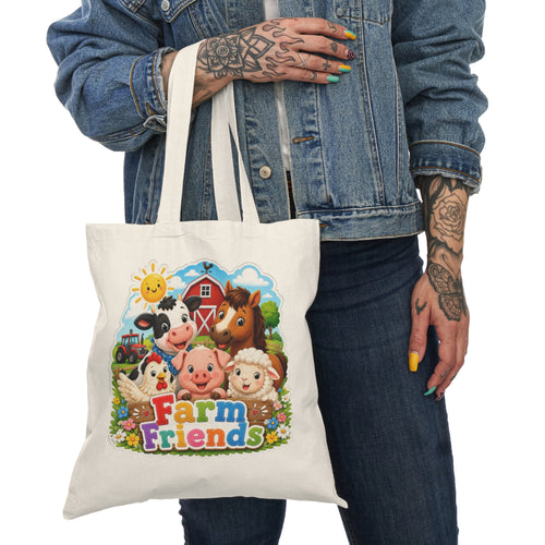 Farm Friends Natural Tote Bag – Cute Cartoon Barnyard Animals Grocery & Kids Market Tote