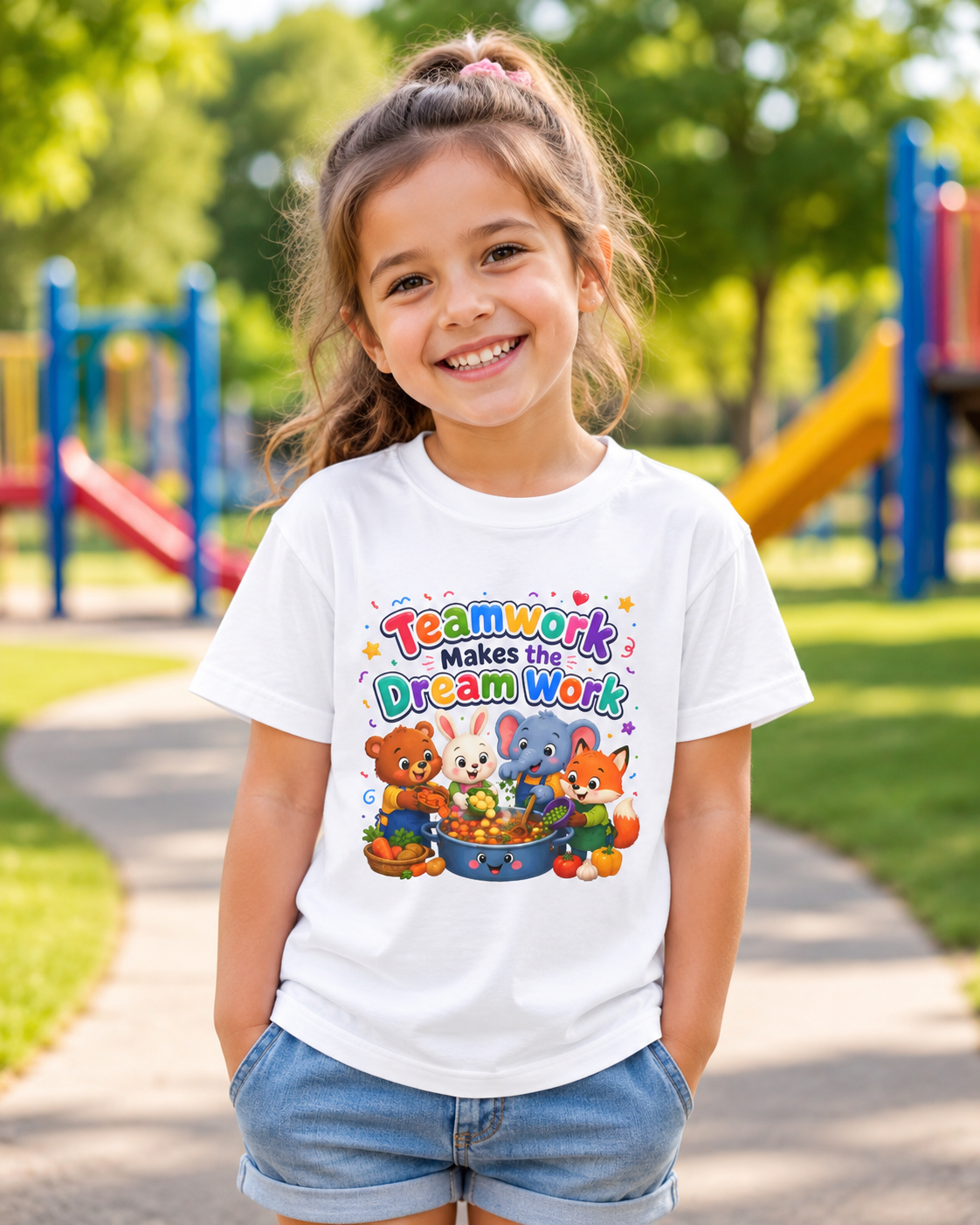 Kids Tee — “Teamwork Makes the Dream Work” Cute Animal Classroom Shirt
