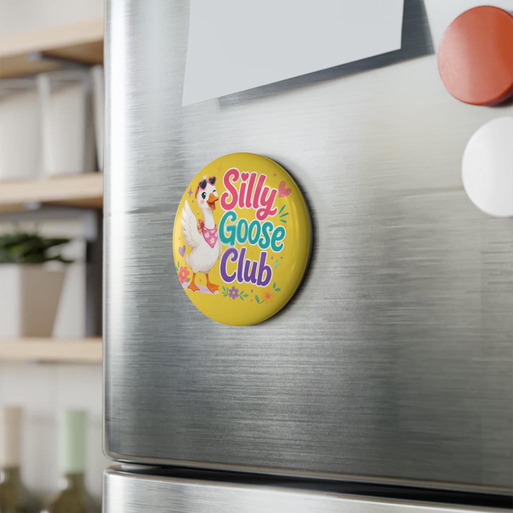 Silly Goose Club Round Button Magnet — Cute Yellow Decorative Fridge Magnet