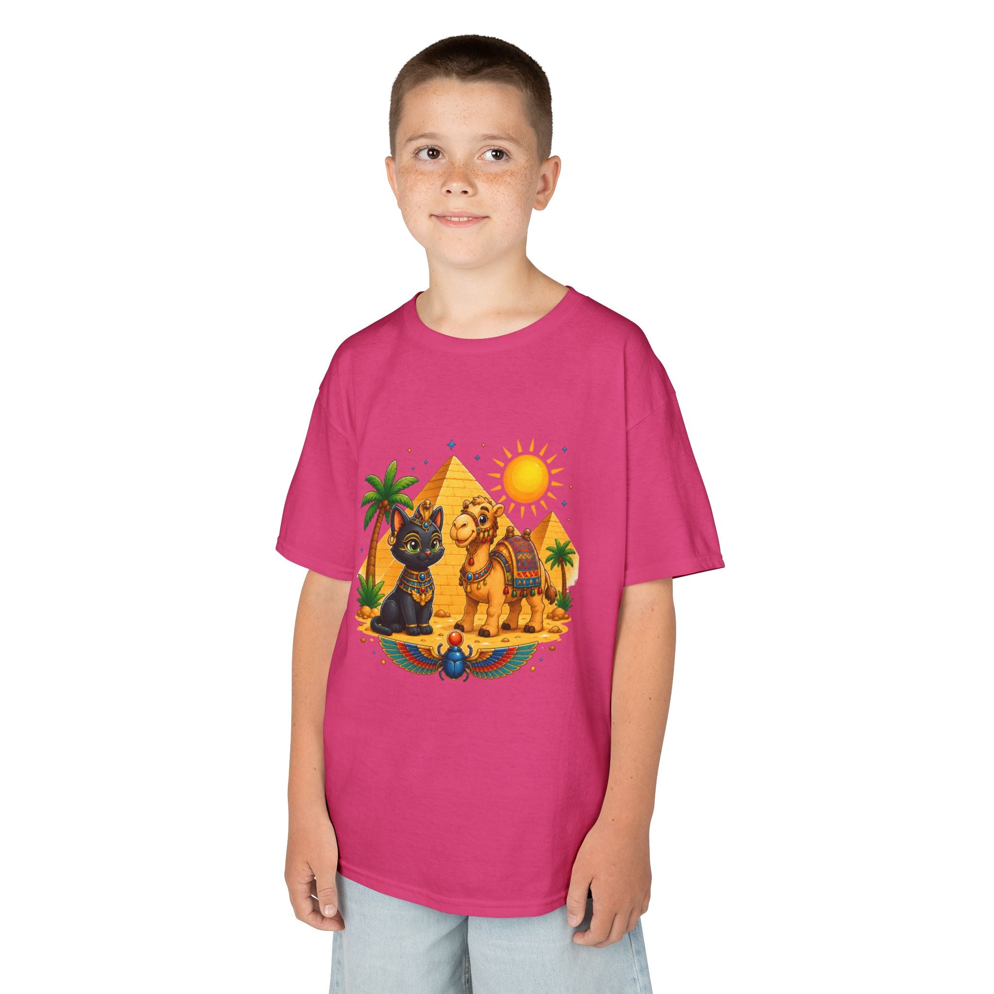 Egyptian Cats and Camel Kids Tee | Pyramid Desert Sun Illustration