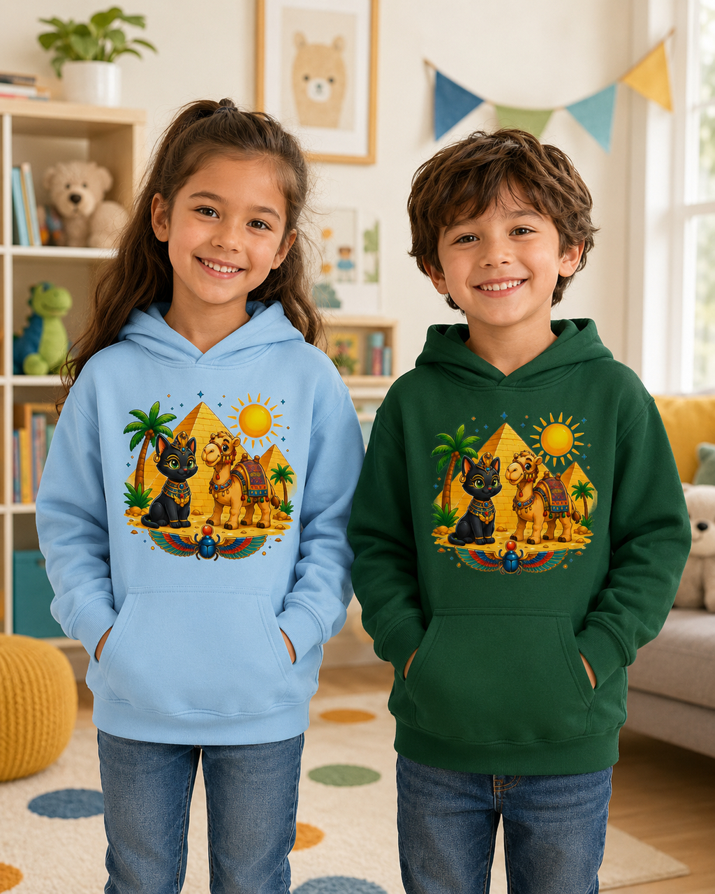 Egyptian Cats with Camel Kids Hoodie | Pyramid, Palm Trees, Sun