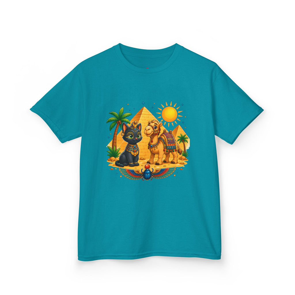 Egyptian Cats and Camel Kids Tee | Pyramid Desert Sun Illustration