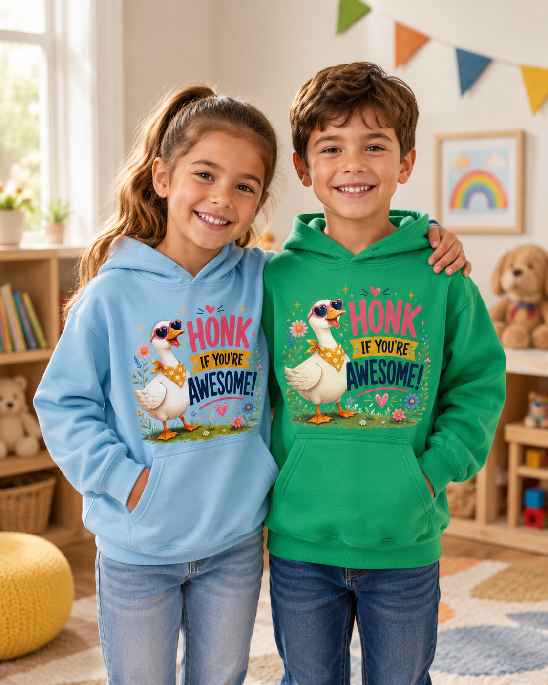 Kids Hoodie — "Honk If You're Awesome" Cute Goose Pullover for Children