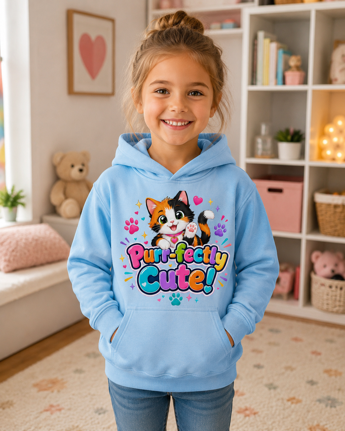 Kids Hoodie — "Purr-fectly Cute!" Cat Graphic Pullover for Children