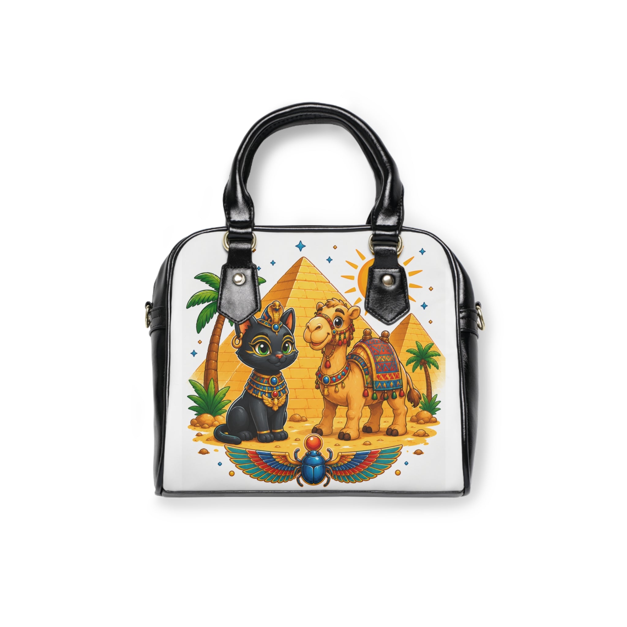 Egyptian Cat and Camel Handbag | Pyramid Desert Illustration