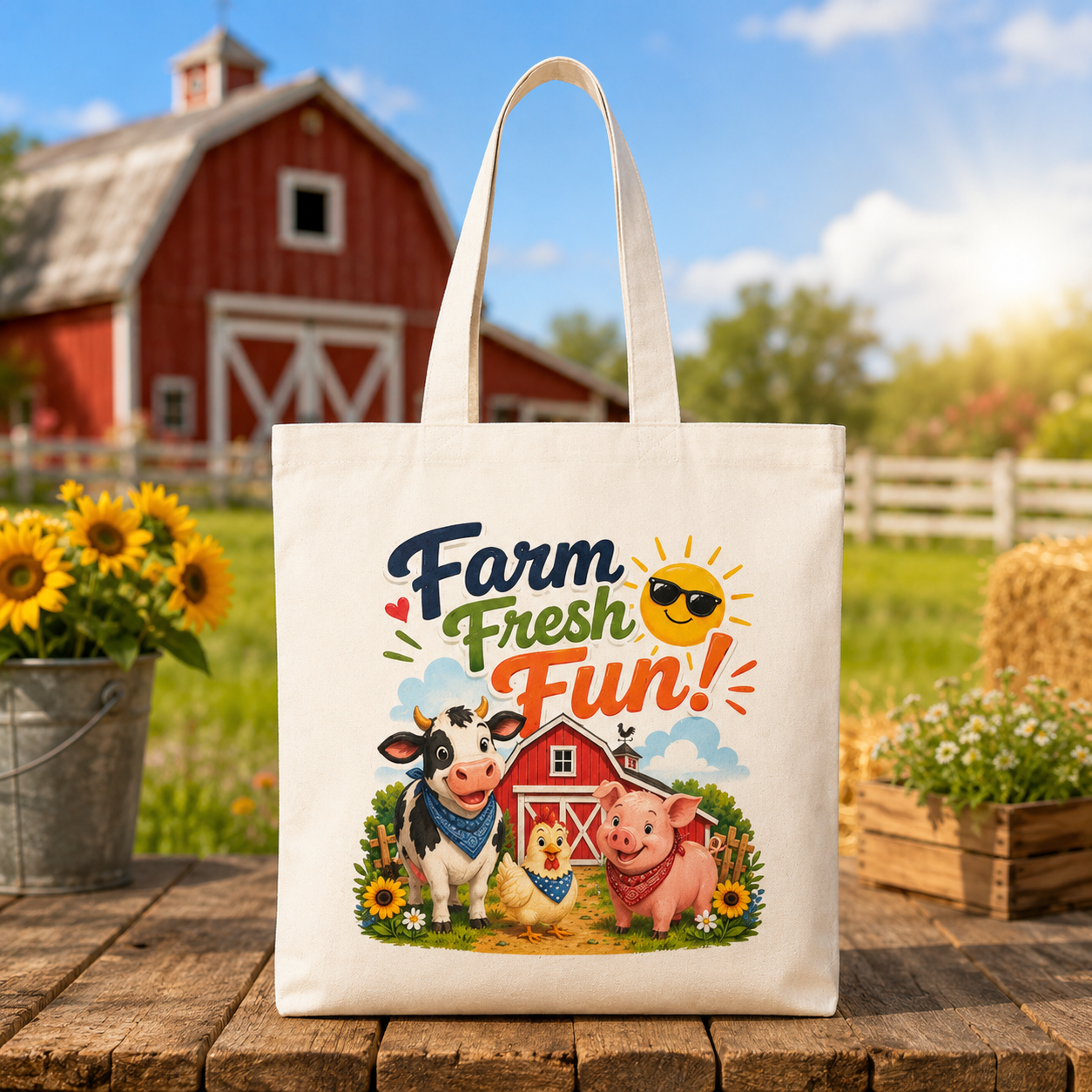 Tote Bag — "Farm Fresh Fun!" Cute Barnyard Tote for Farmers Market & Kids