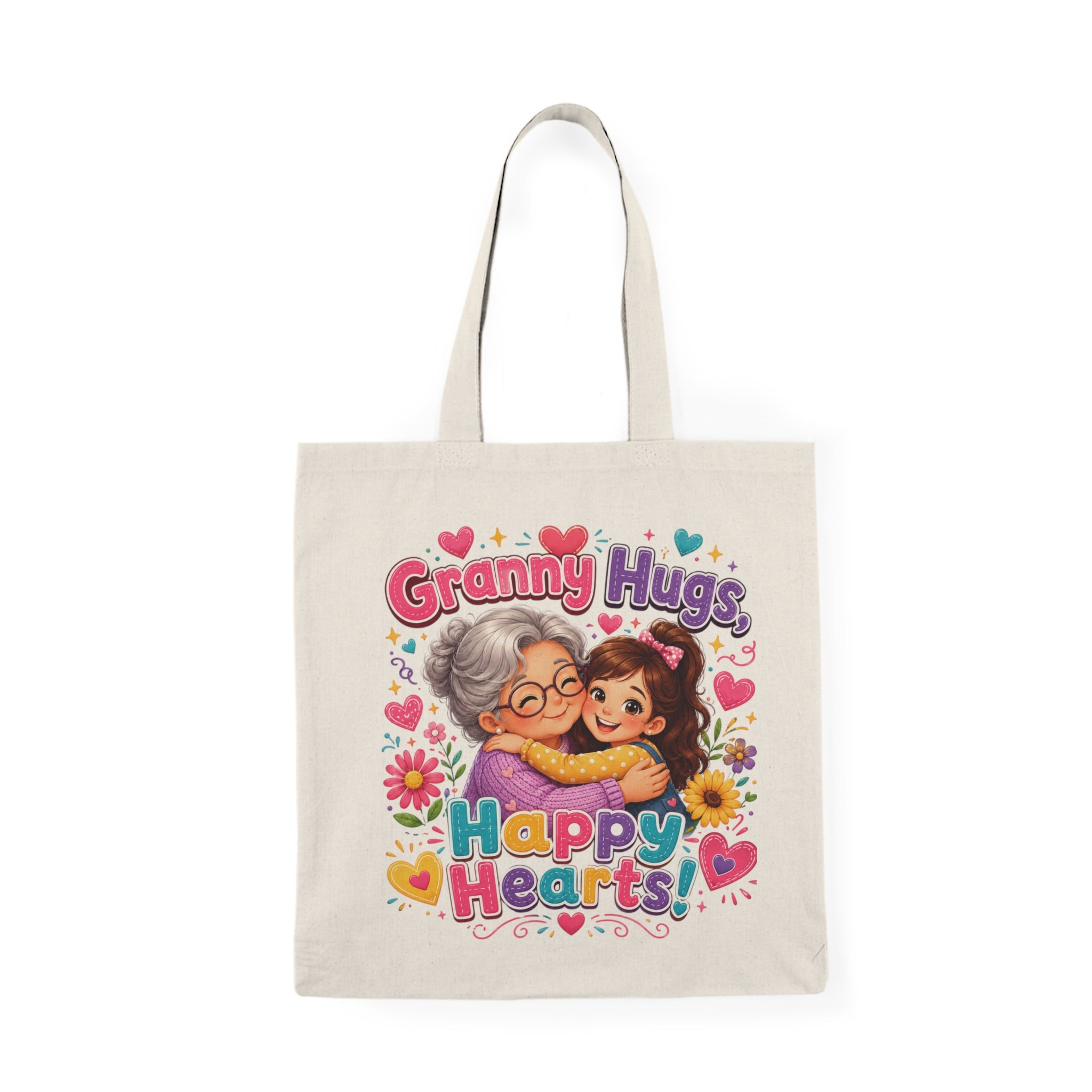 Granny Hugs Happy Hearts Tote Bag | Grandma and Child Illustration