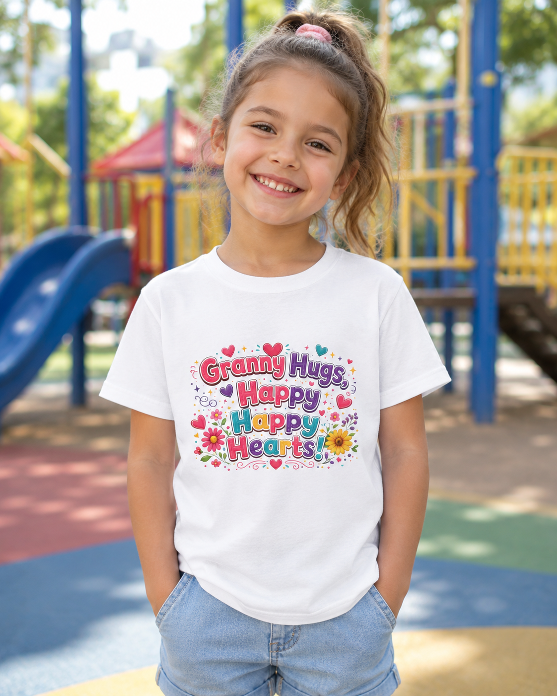Granny Hugs Happy Hearts Kids Tee | Colorful Floral Kids Shirt