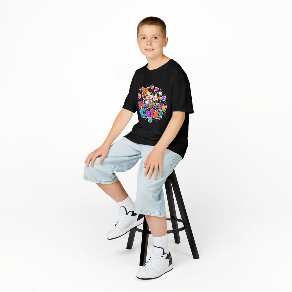 Kids Tee — “Purr-fectly Cute!” Colorful Calico Cat Graphic