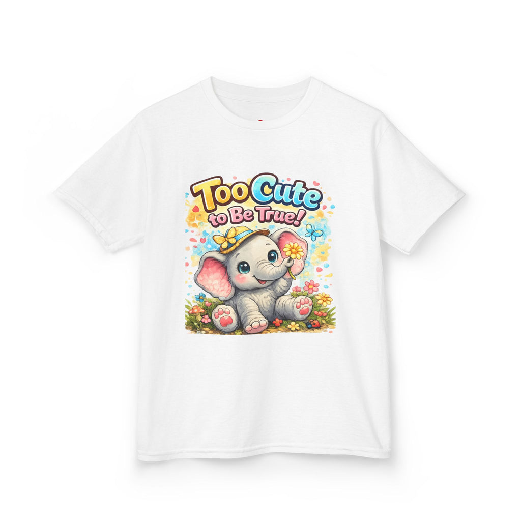 Kids Tee — "Too Cute to Be True" Elephant Graphic