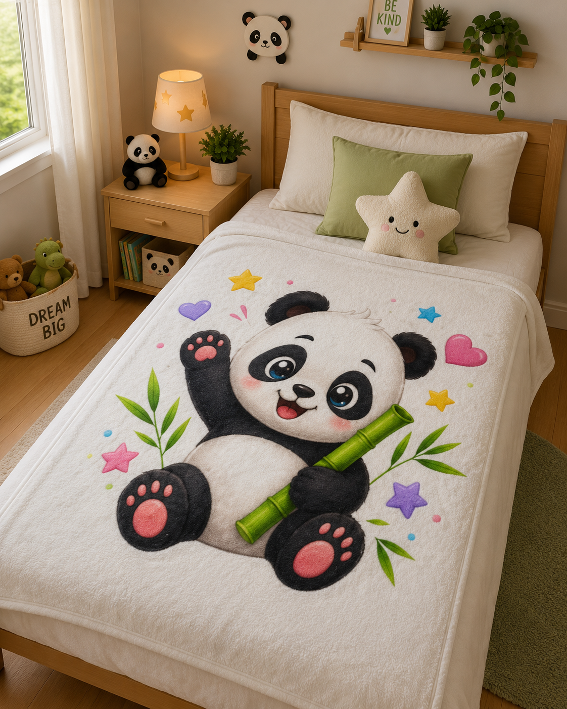 Cute Panda Baby Blanket — Soft Polyester Throw with Bamboo & Hearts Design