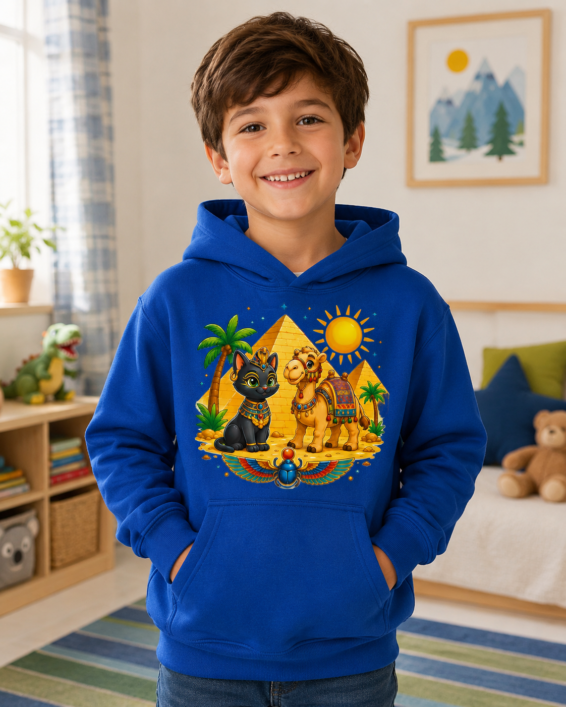 Egyptian Cats with Camel Kids Hoodie | Pyramid, Palm Trees, Sun