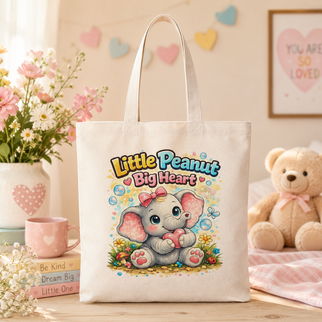 Cute Elephant Tote Bag "Little Peanut Big Heart" — Kids Gift, Nursery Accessory