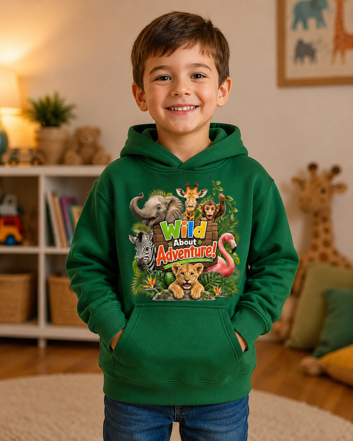 Kids Hoodie - "Wild About Adventure" Cute Jungle Animal Graphic Hoodie for Boys & Girls