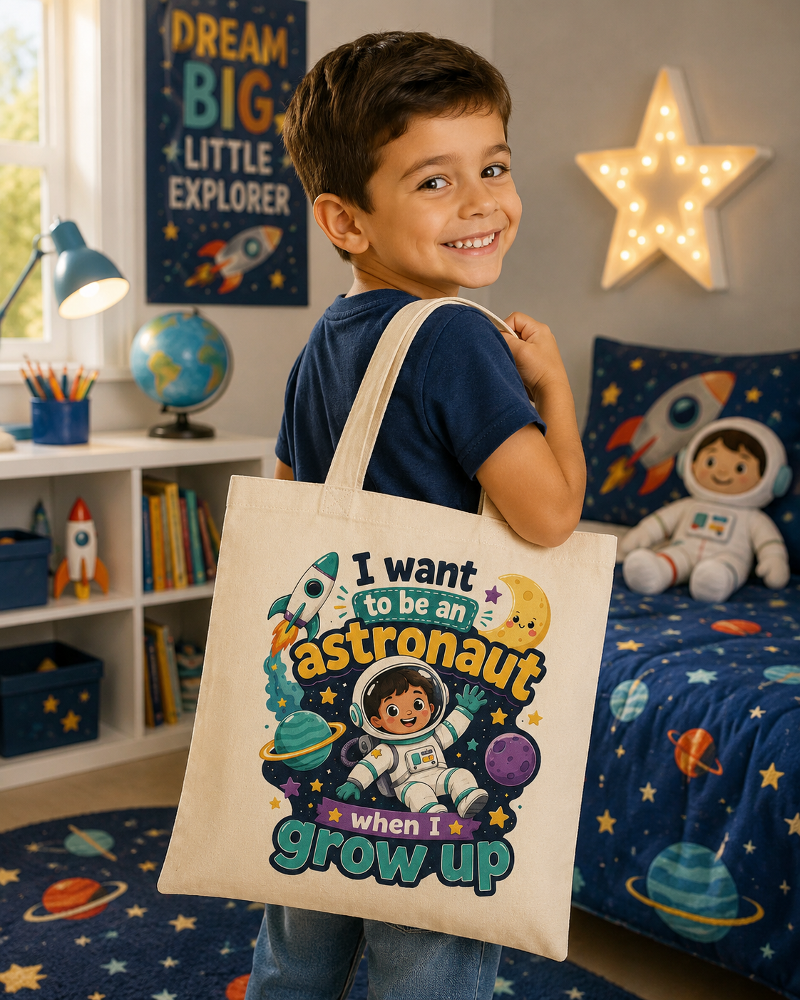 Astronaut Kids Tote Bag — "I Want to Be an Astronaut When I Grow Up" Cotton Canvas Tote