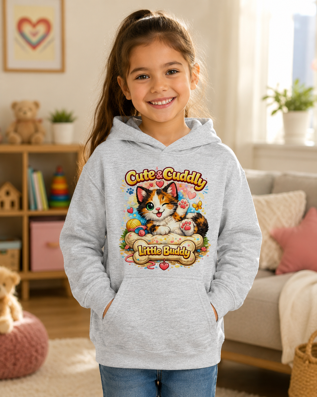 Cute & Cuddly Kitten Kids Hoodie — “Little Buddy” Graphic