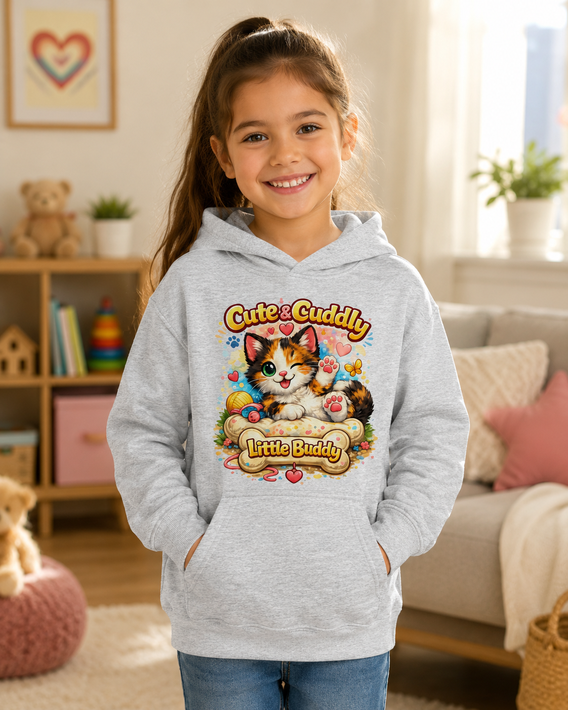 Cute & Cuddly Kitten Kids Hoodie — “Little Buddy” Graphic