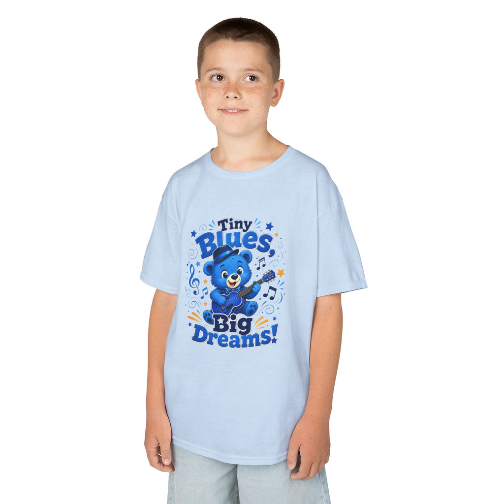 Kids Tee - "Tiny Blues, Big Dreams!" Cute Blue Bear Music Graphic