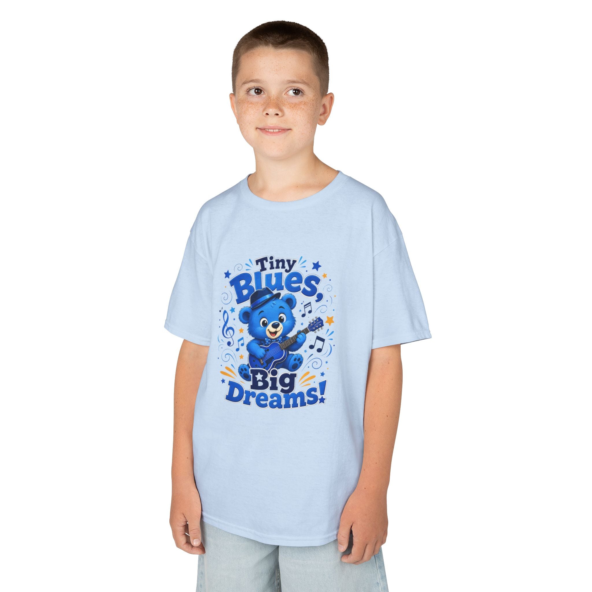 Kids Tee - "Tiny Blues, Big Dreams!" Cute Blue Bear Music Graphic