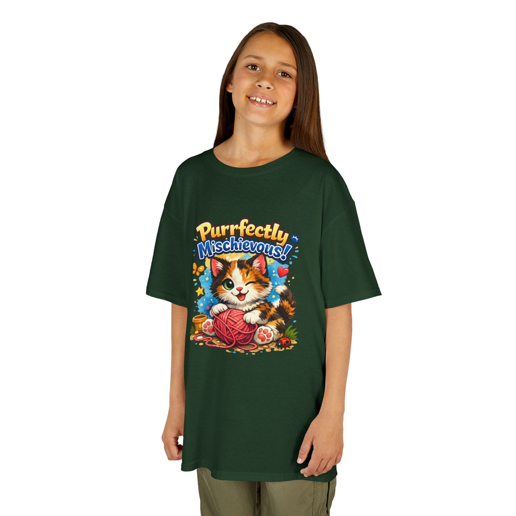 Kids T-Shirt — "Purrfectly Mischievous" Cute Kitten Playing with Yarn